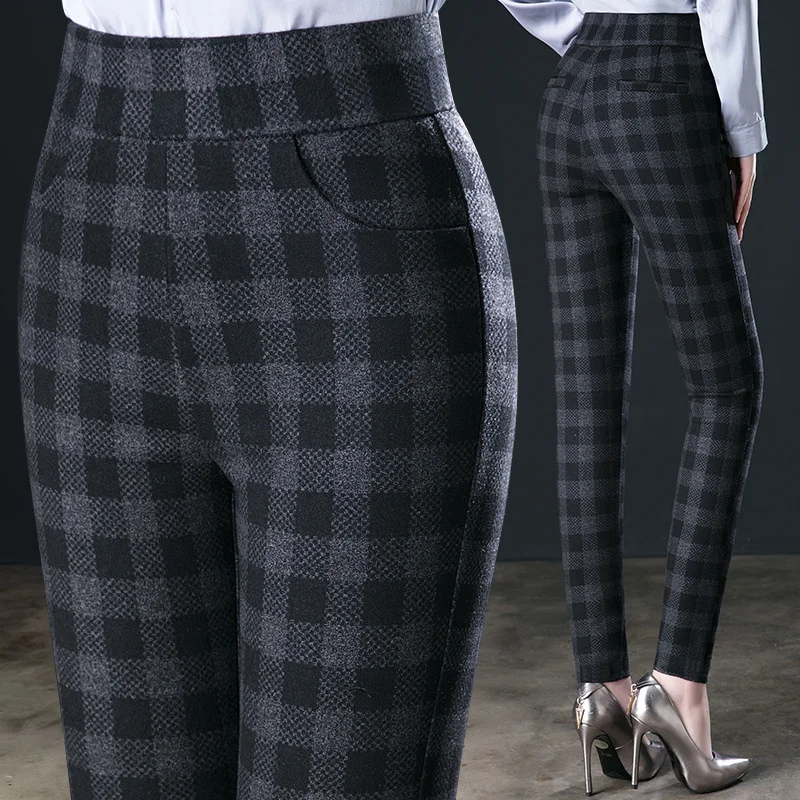 

Women Elastic High Waist Plaid Pants Spring Autumn Middle-aged Mothers Trousers External Casual Leggings Female Pencil Pants 6XL