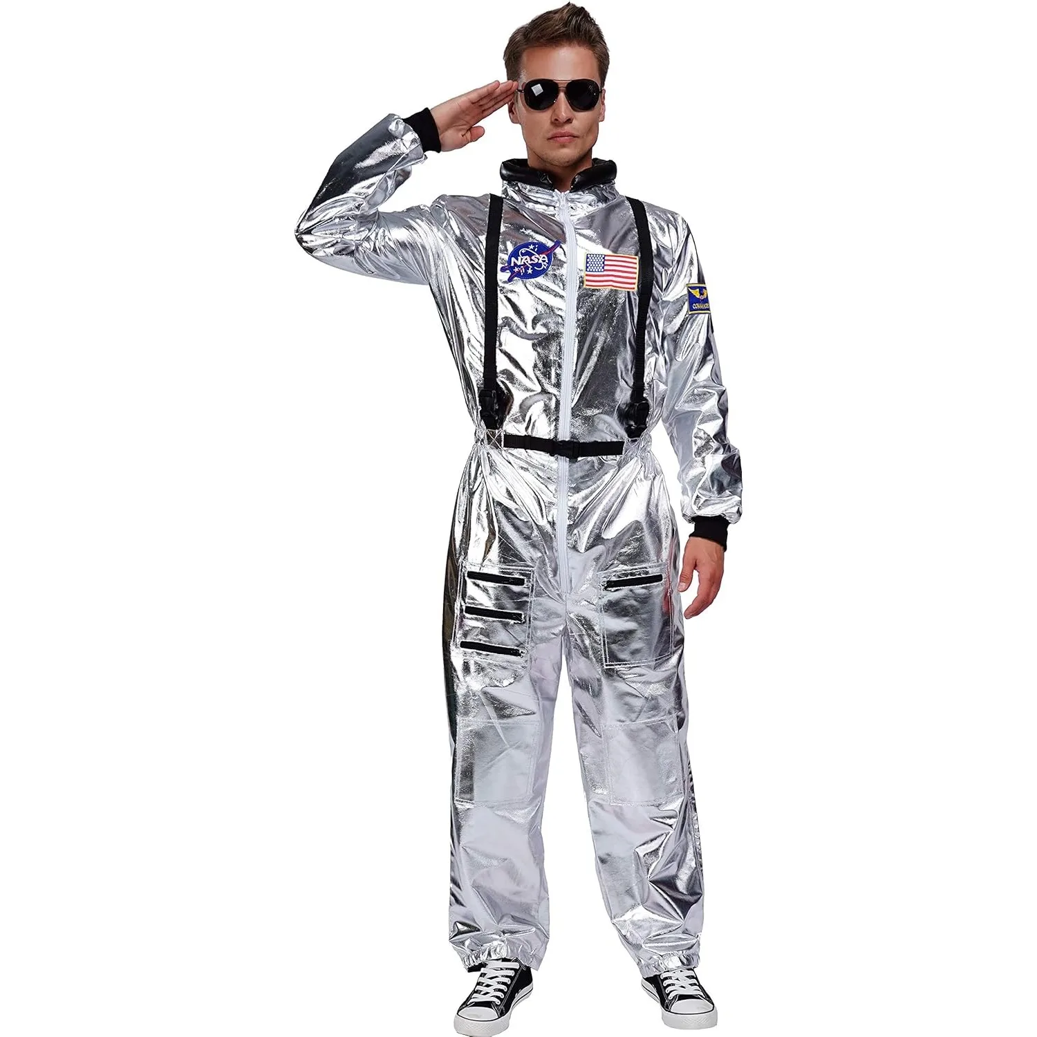 

Maxim Party Supplies Adult Astronaut Costume Jumpsuit Silver Space Suit for Men with Embroidered Patches and Pockets