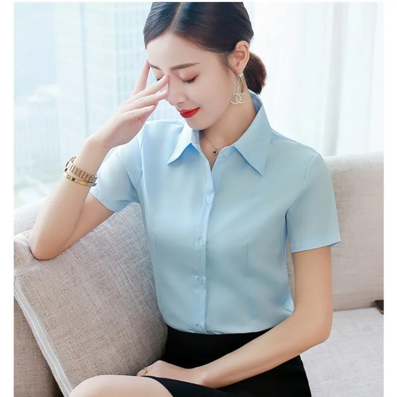 Fashion White Shirts Woman 2023 Autumn Short Sleeve Blouse Solid Ladies Tops OL Female Clothing  Basic Work Shirt Women\'s Blouse