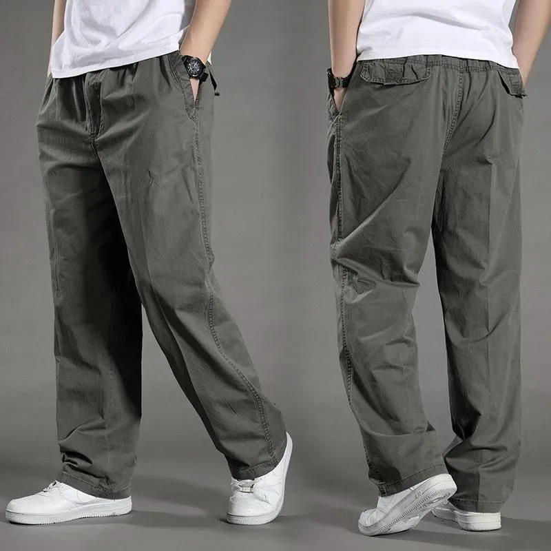 

XL-6XL Plus Size Men's Cargo Pants Elastic Waistband Straight Leg Casual Pants Big Size Solid Color Multi Pocket Cotton Trousers