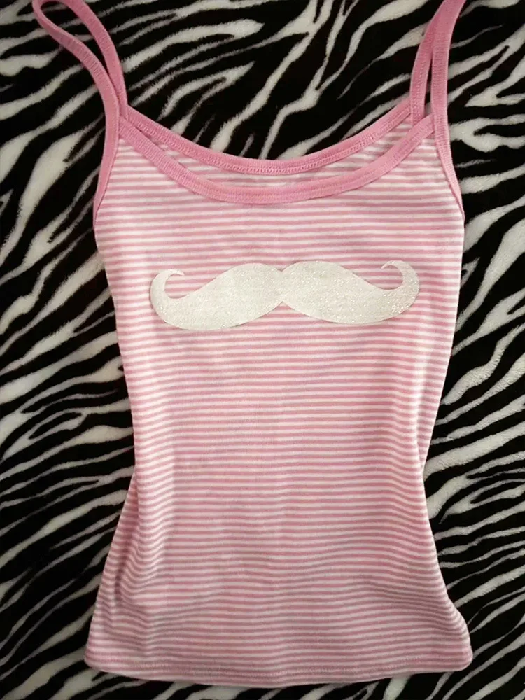 2000s Retro White beard print pink stripe design sweet cool Harajuku versatile High street women's clothing Summer emo vest tops