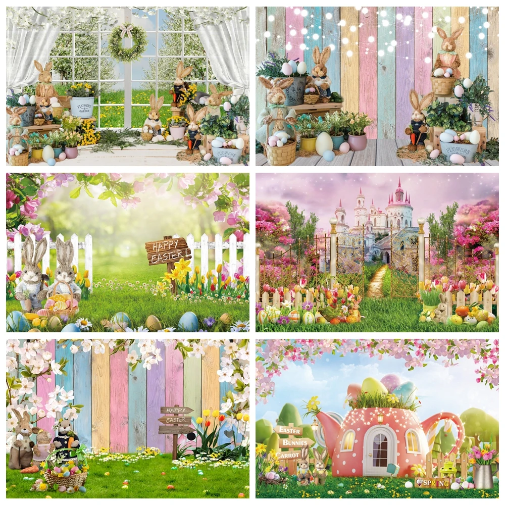 

Spring Easter Photography Backdrop Wood Window Rabbit Bunny Castle Grassland Kids Portrait Baby Shower Birthday Party Background