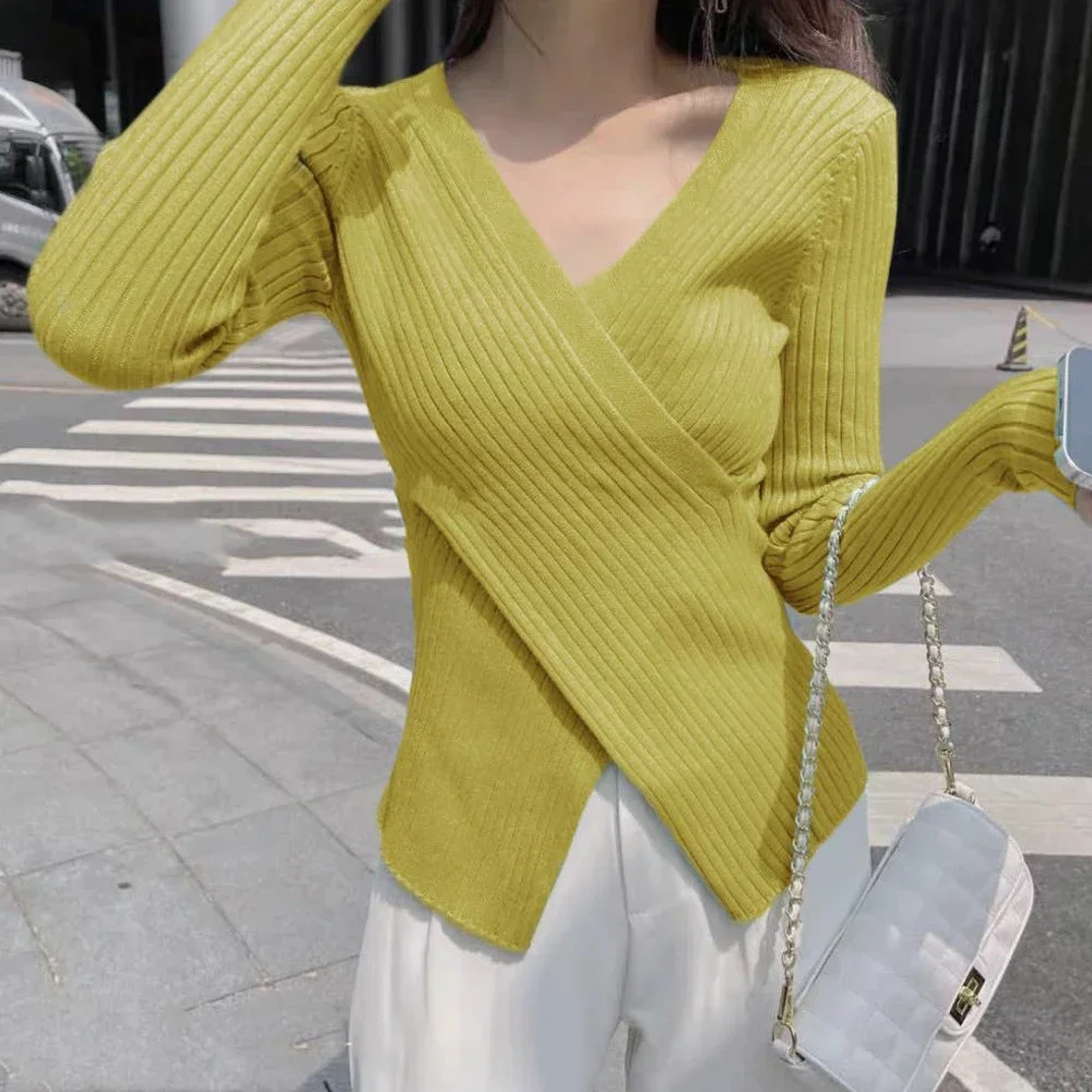 

V-neck Long Sleeved Criss-cross Knitted Sweater Women's Lovely Slim Tops Long-Sleeved Pullover T Shirt Sweater Top X-G-Xinde