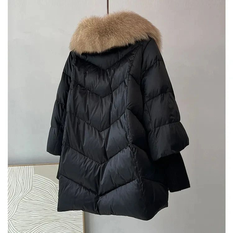 2024 New Womens Winter Coat White Duck Down Jacket With Big Woolen Collar Female Loose Outerwear Fashion Overcoat