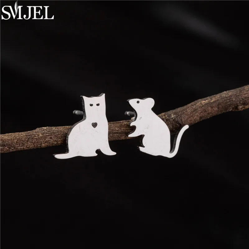 Cartoon Animal Cat Mouse Stud Earrings for Women Fashion Happy Kitten Earings Stainless Steel Piercing Ear Studs Funny Oorbellen