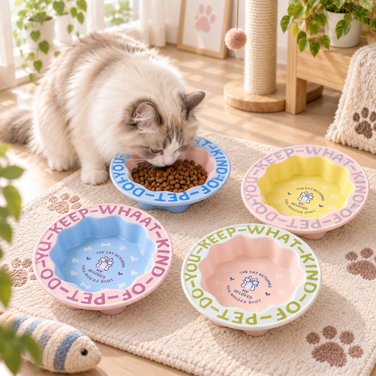 1Pc Cute Macaron-Colored Ceramic Cat Bowl, Wide-Mouth Pet Feeding Dish, Non-Slip Base, Suitable for Kittens and Small Dogs, Can Be Used as a Food Bowl or Water Bowl, Prevents Black Chin