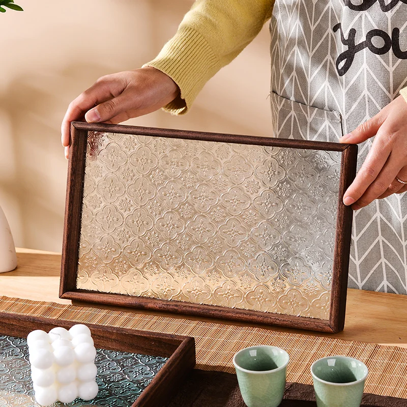 Long Rectangle Tea Set Storage Tray Vintage Floral Pred Glass Serving Plate Fruit Tray Dert Holder Home Dining Table