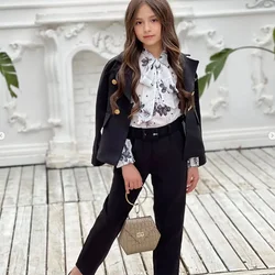 Playful Black Girls Blazer Double Breasted Lapel Kids Jacket+Pants Loose Formal Teenage Casual Outfits