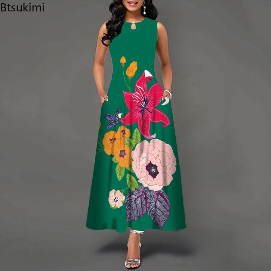 Robe Maxi sans manches pour femmes, élégante, décontractée, imprimé Floral, plage, vacances, style Boho, longue, grande jupe pivotante, nouvelle collection été 2025