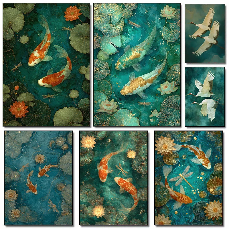 Elegant Crane Koi Fish Emerald Green Pond Posters and Prints Canvas Printing Wall Art Picture for Living Room Home Decor Gifts