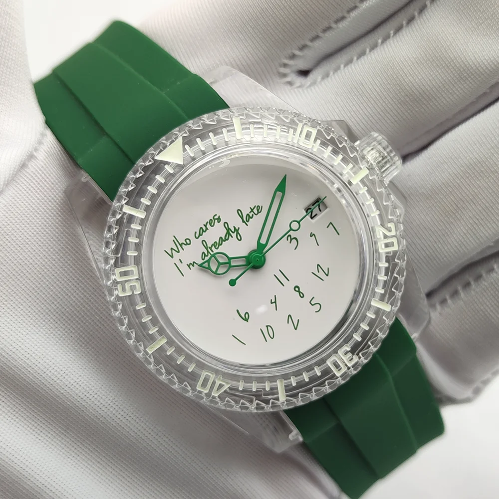

Watch 40mm Acrylic Transparent SUB Watch Suitable For NH36/35 Movement "Who Cares, I'm Already Late" Watch Accessories