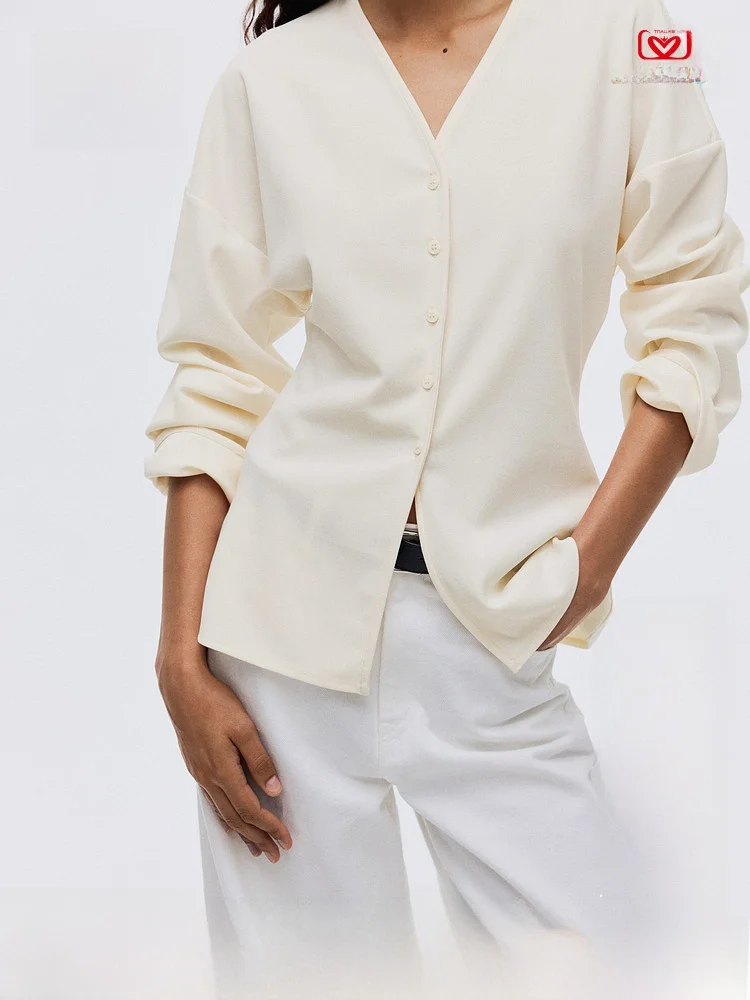 

H&M Summer Women's Casual Style Shirt Front Button Design Polyester Fiber Long Sleeve V-Neck Pure Color Fit Fashion Top