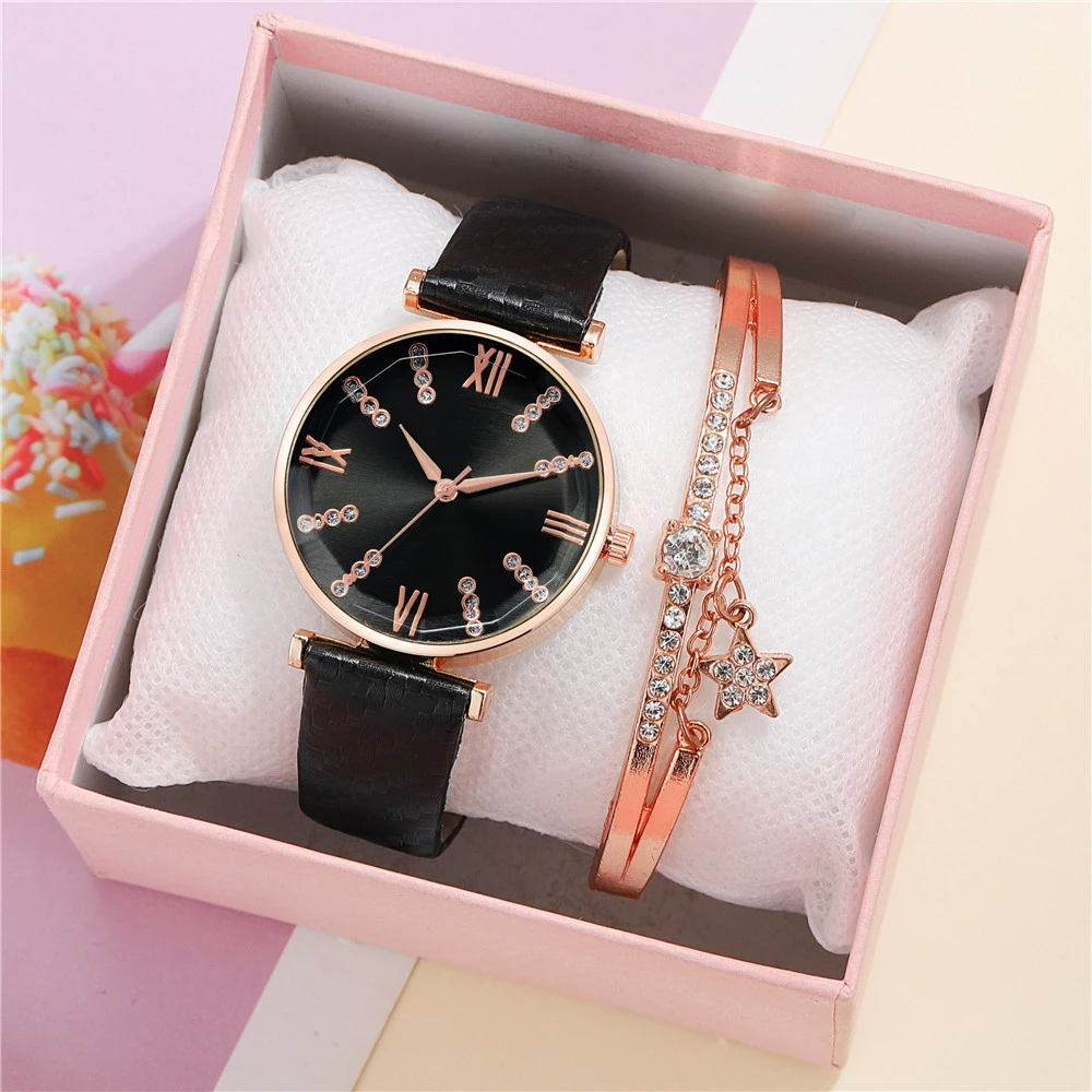 Lujo 2 piezas conjunto de las señoras de marca Relojes de moda número romano con diamantes Mujeres Reloj de cuarzo de cuero negro Relojes de pulsera