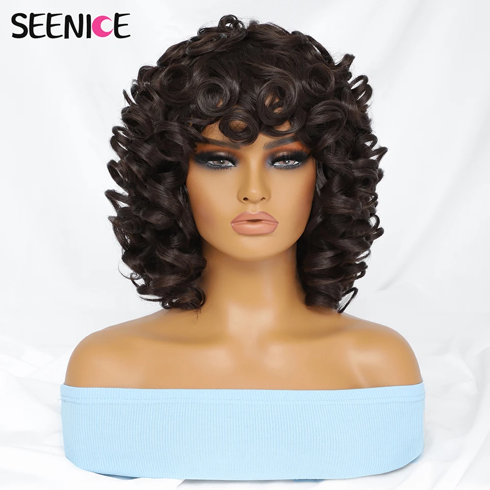 Short Hair Afro Curly Wig With Bangs Loose Synthetic Cosplay Fluffy Shoulder Ombre Black Blonde Wigs Natural For Women Wigs