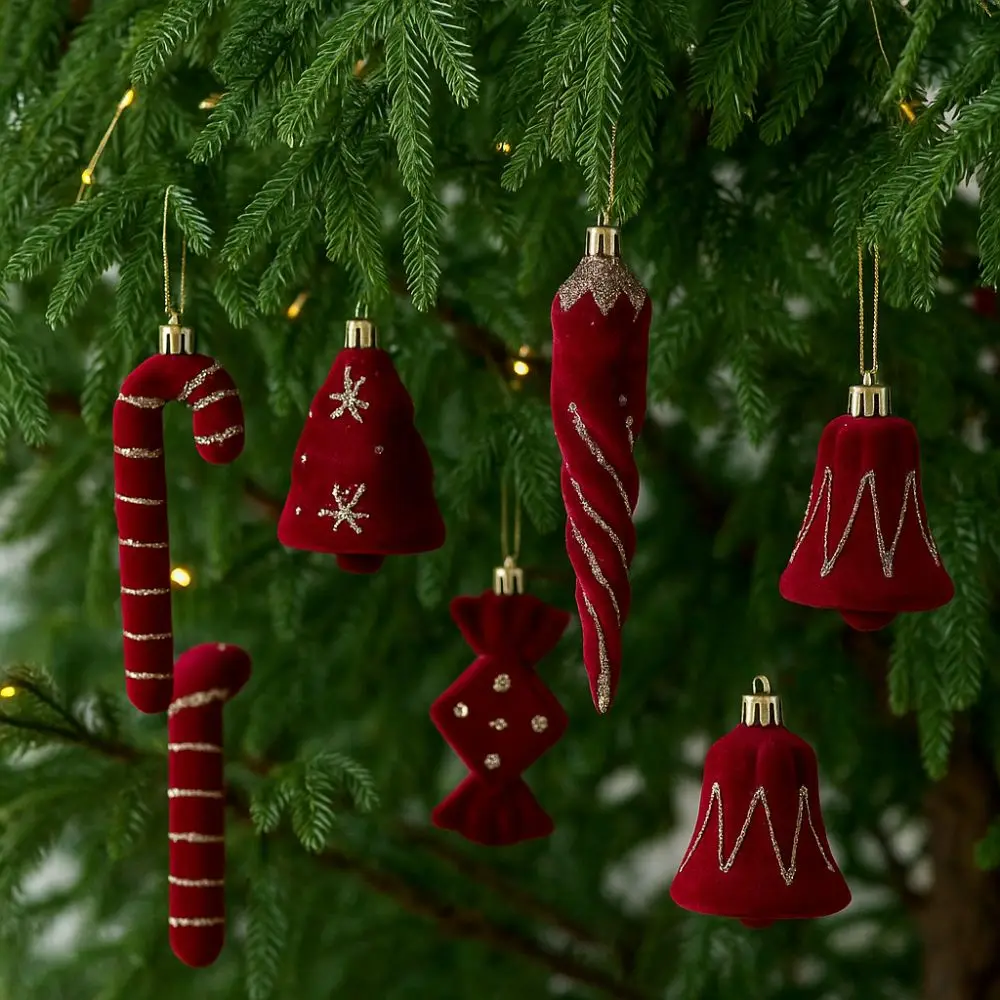 

2pcs Gift Idea Red Christmas Tree Pendants Flocked Lollipop Velvet Candy Cane Ornaments Bow Bell Xmas Tree Pendant Party Decor