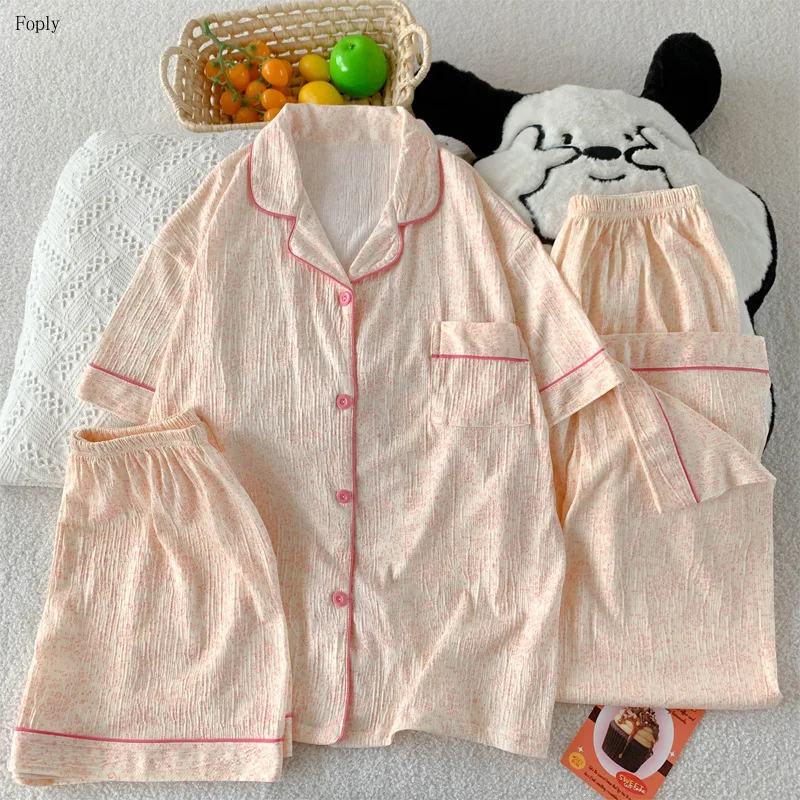 

French Three-Piece Woman Pajamas Set Romantic Print Spring Summer Sleepwear Pyjama Short Sleeve Pants Pijama Mujer Loungewear