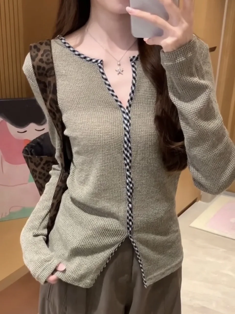 Chic Korean Sle Long Sve Knitted Sweater Women's V Ne Hollow out Slim Fit Autumn Design Base Top with Plaid Pattern