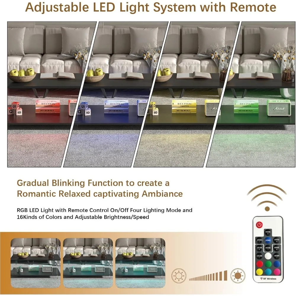 43" Acrylic Coffee Table with Black Wood Top, Minimalist Stylish Modern Rectangular Center Tables for Living Room, Led Living Ro