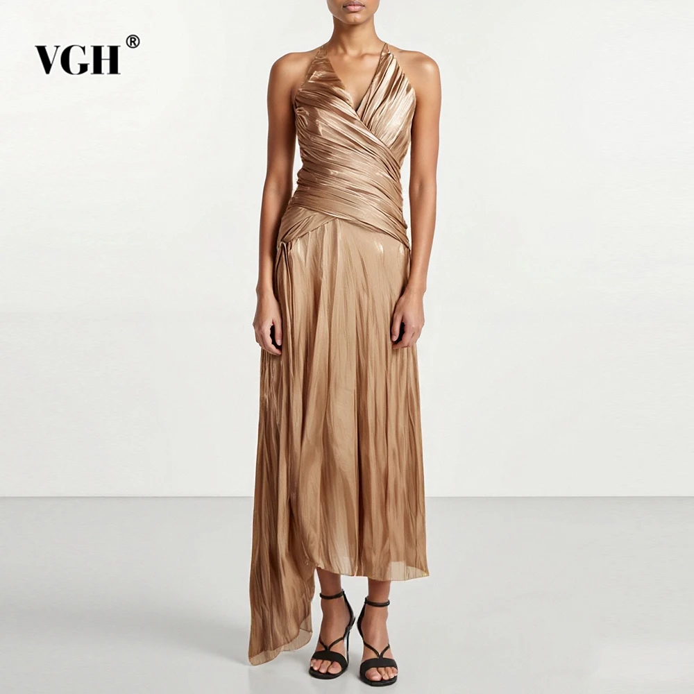 

VGH Sexy Slimming Evening Dresses For Women V Neck Sleeveless Backless High Waist Temperament Draped Dress Female Fashion New