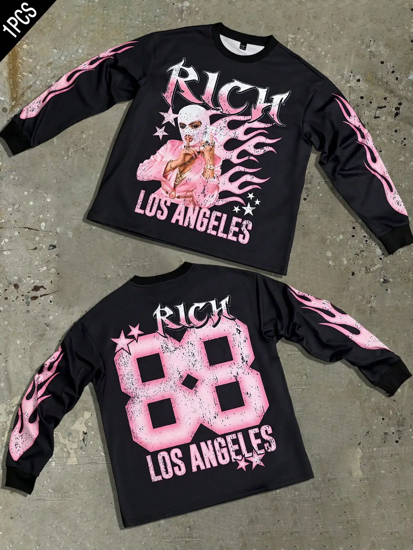 

Мужская черная футболка с длинным рукавом и принтом в виде розового пламени для повседневной осенней носки