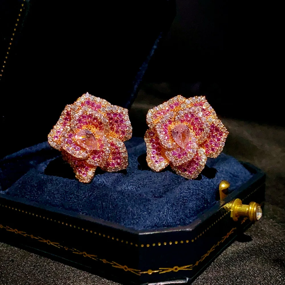 Stunning Pink Crystal Flower Ear Stud 925 Silver Padparadscha Sapphire Drop Dangle Buckle Earrings Luxury Anti-allergy Jewelry
