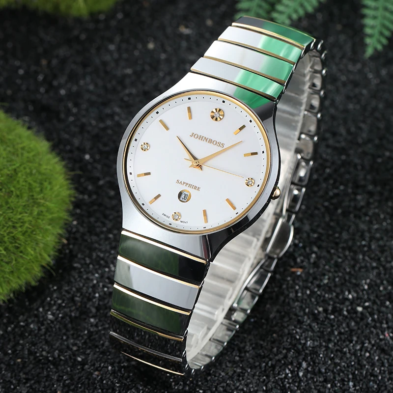 Johnboss круглые ультратонкие часы из вольфрамовой стали диаметром 8 мм, мужские швейцарские кварцевые часы, часы с сапфировым стеклом, деловой диаметр