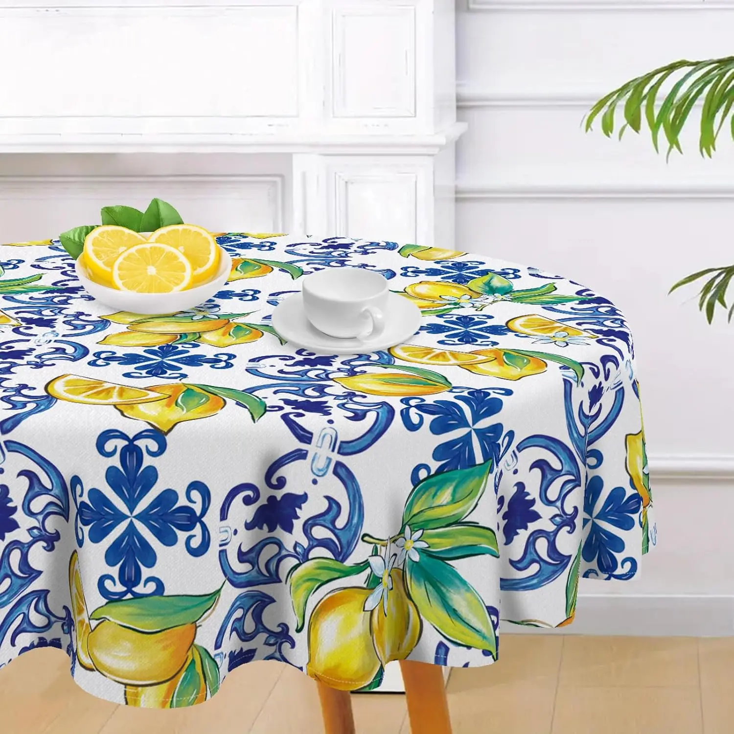 Blue Lemon Italy Tile Pattern Round Tablecloth