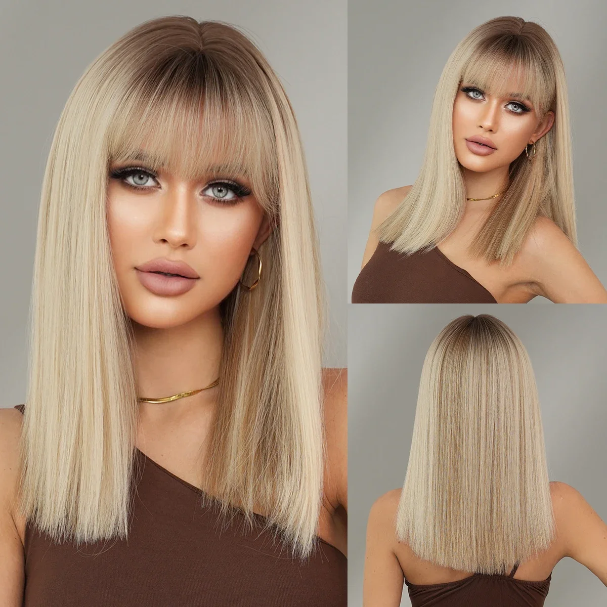 NAMM Shoulder Length Wig Synthetic Straight Blonde Ombre Brown Wigs For Women Daily Party High Density Layered Wigs With Bang