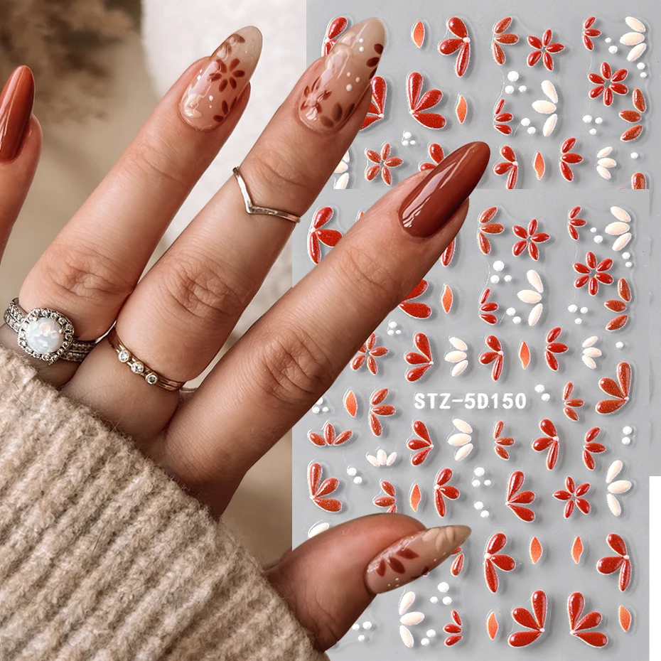 2 Stück geprägte Herbstblätter Nail Art Aufkleber rotbraun weiß Blätter Herbst Winter Charms selbstklebende Abziehbilder Nail Art Dekoration