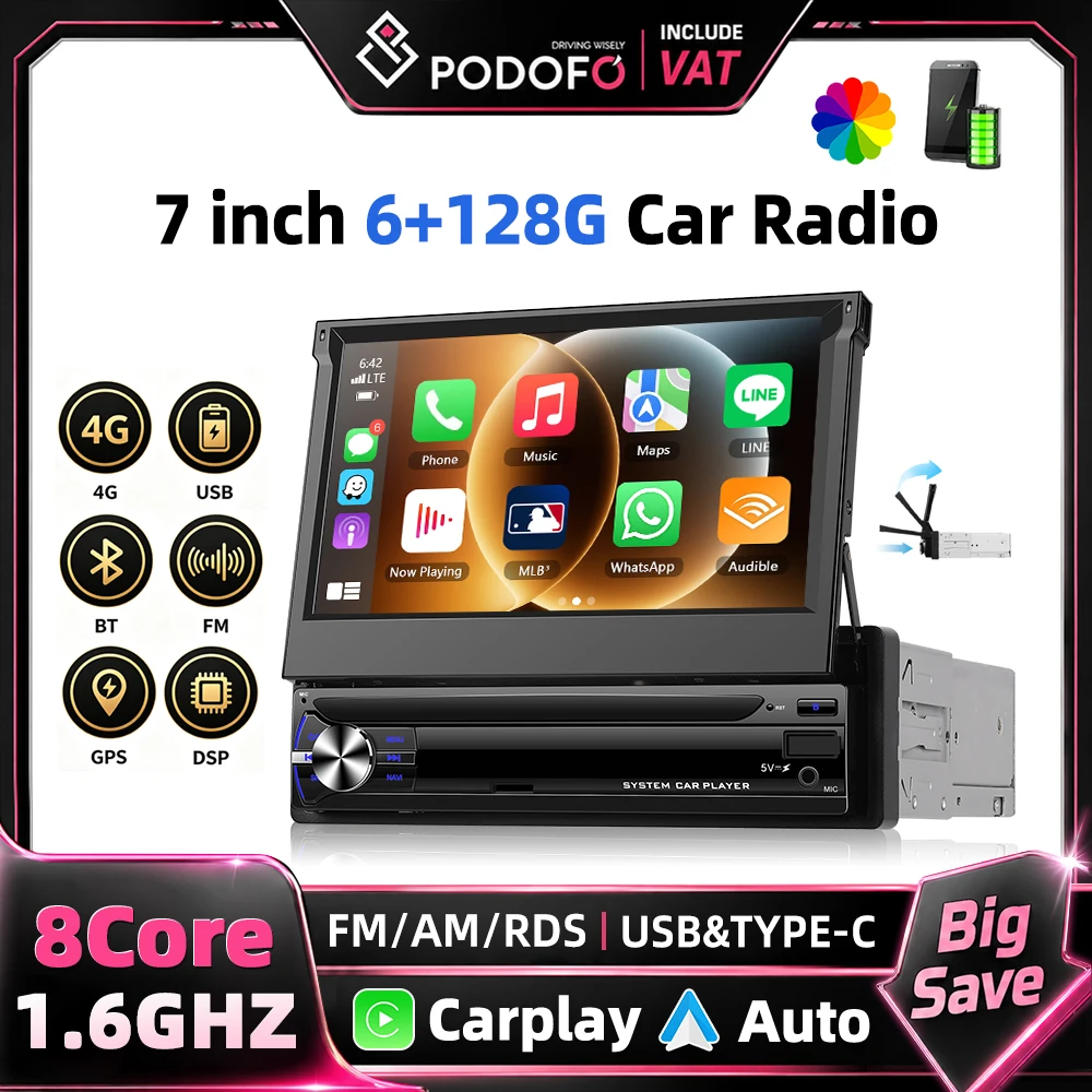 Podofo 7 Zoll 1 Din Universelles Android Autoradio 6+128G 8 Kerne Manueller Teleskopbildschirm Drahtloses Carplay und Android Auto Mirror Link WiFi FM/AM/RDS GPS BT Autoradio Geteilter Bildschirm