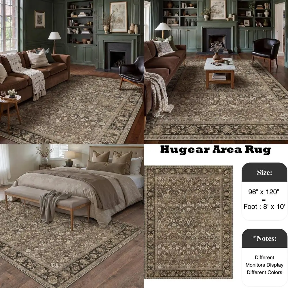 

Large 8x10 Brown Floral Area Rug - Machine Washable, Soft Low Pile Carpet for Hallway, Stylish Accent Floor Covering