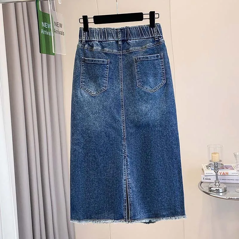 Oversized Diamonds Blue Denim Skirts 2026 Women Summer Trendy High Waist Mid-long Skirt Casual Wear Jean Skirt