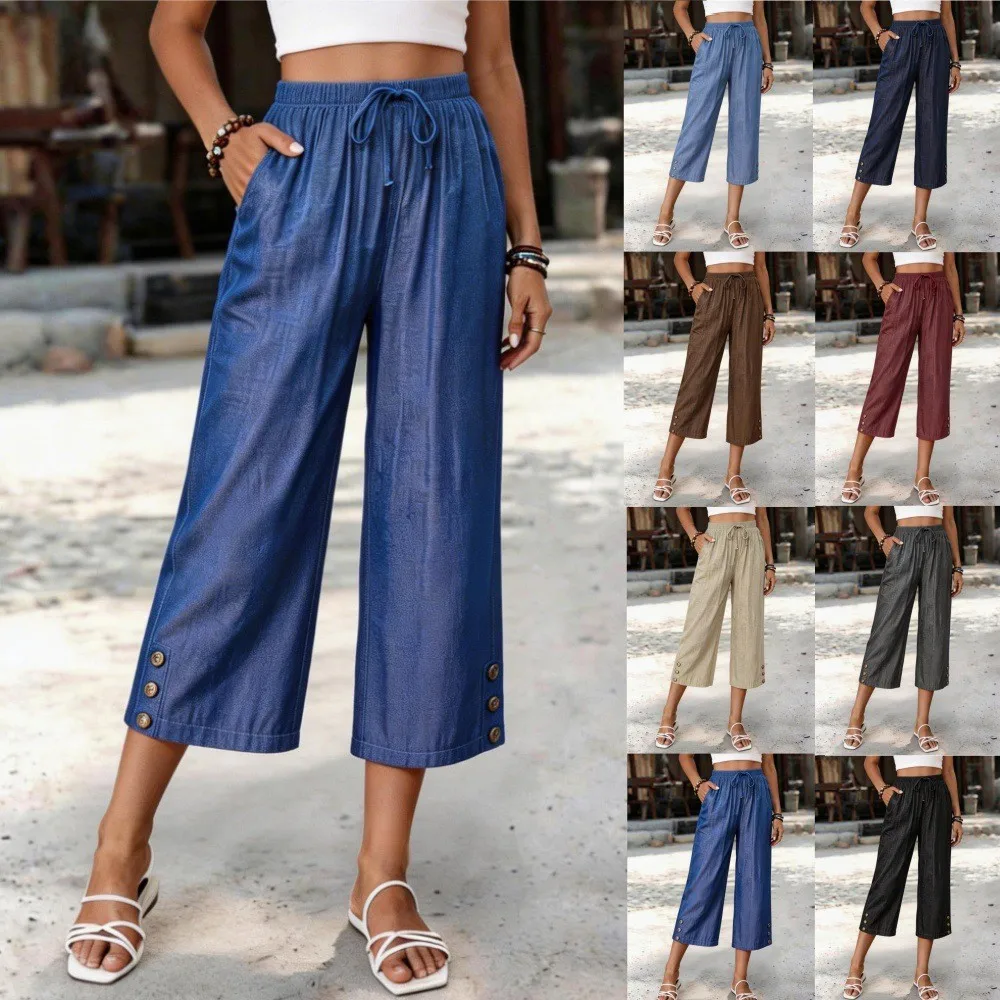 

Women Summer Casual Pants Straight Leg Solid Color Trousers Blue Wide Leg Mid Waist Jeans Beige Drawstring Waist Crop