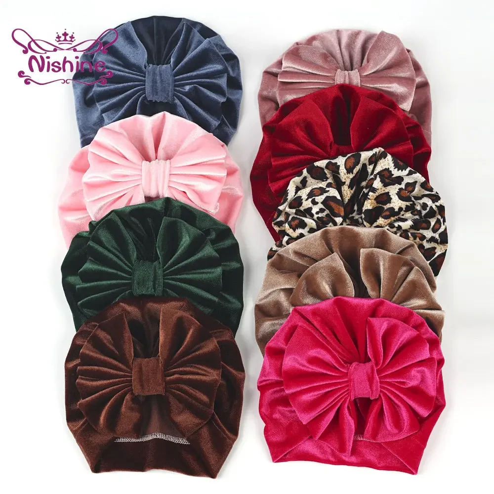 1PCS Baby Girls Flannel Big Bow Knot Hat Kids Soft Turban Caps Children Leopard Beanies Photo Props Gifts Hair Accessories