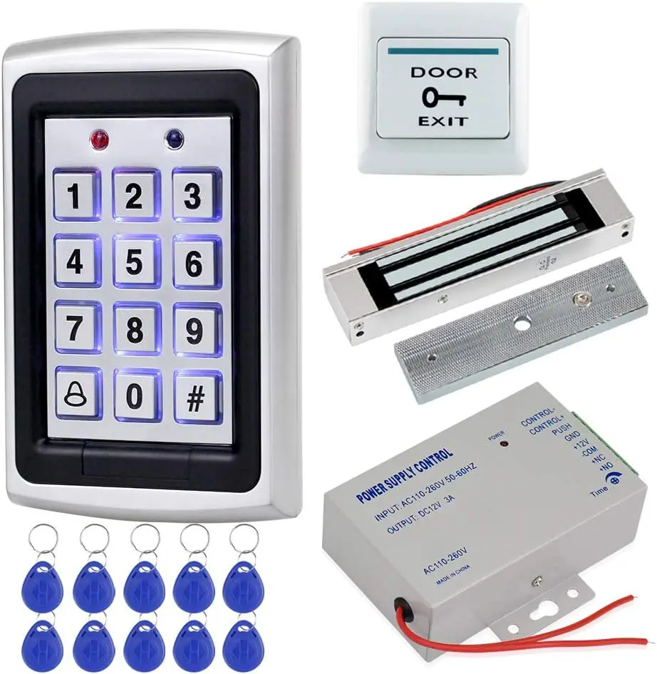 Full Kit Door Access Control System 125KHz RFID Keypad Reader Metal Case 180KG Electromagnetic Lock DC12V 3A Power Supply