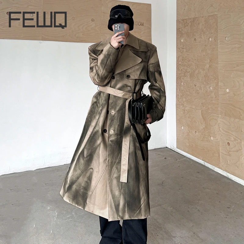 FEWQ Korean Style Men's Windbreakers Tie-dye Lapel Double Breasted Belt Contrast Color Silhouette Overknee Trench Autumn 24E5822