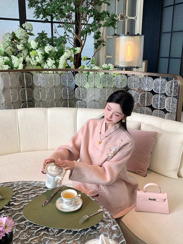 

Faionable Double-Sided Woolen Coat Ladies First Winter New Chinese Sle Women's Outerwear Thiened Long Sve Color