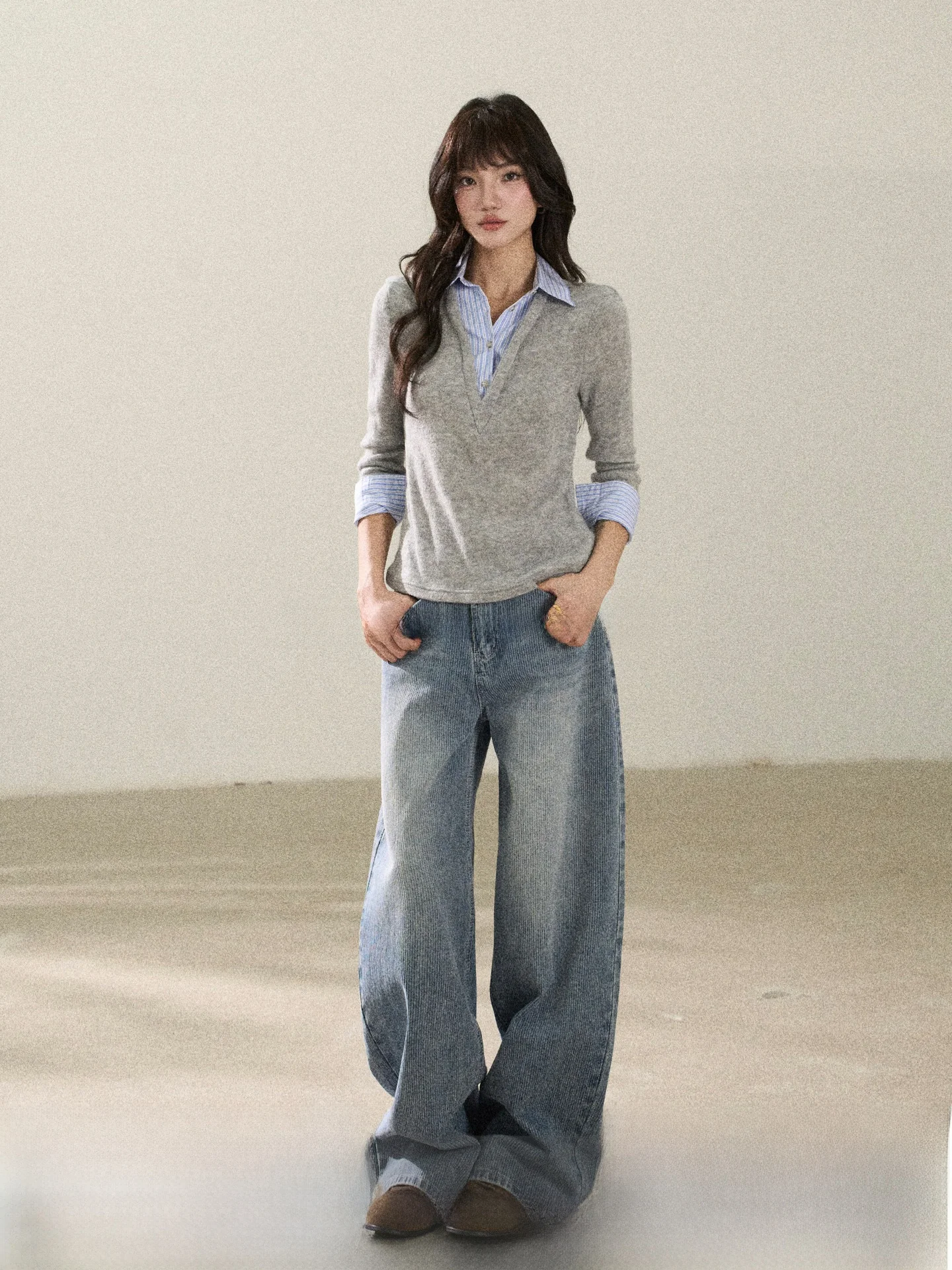 

Ele Plaid Long Sve irt Collar Fake Two-Piece Women's Spring Faion Korean Sle Stand Fit Classic Pattern A-Line...