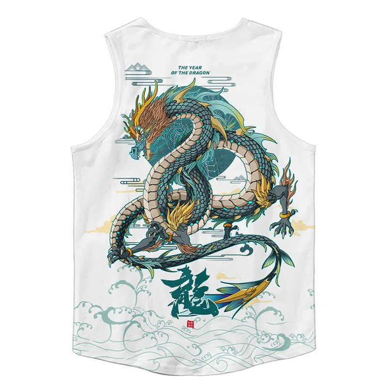 Anime Dragon Print Tank Tops Sleeveless Shirt Sportswear Vest Japanese Casual Singlet Plus Size Mesh Tops Men Gym Clothing