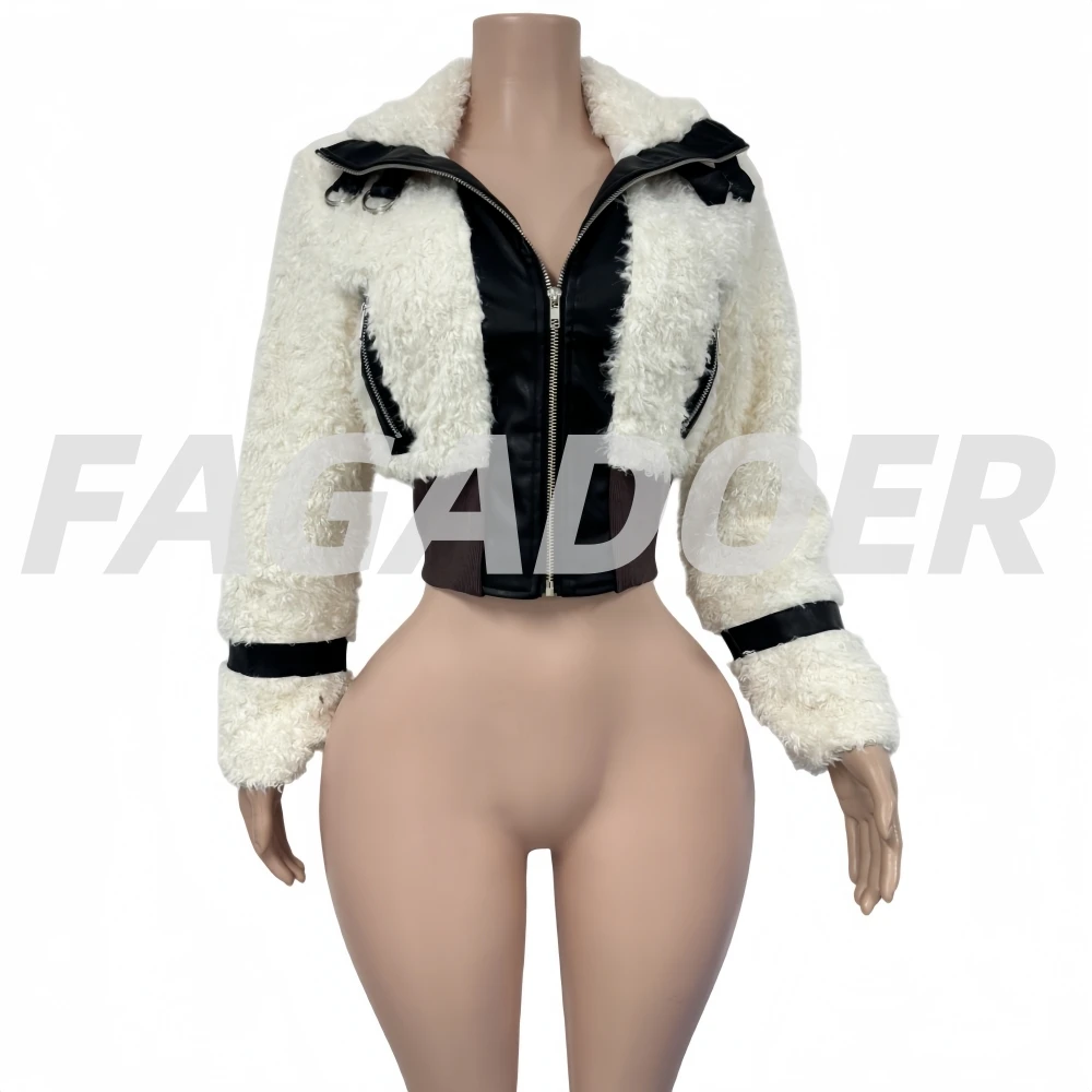 FAGADOER inverno nuovo cappotto patchwork in pelliccia di pelle casual donna tinta unita manica lunga giacca con cerniera abbigliamento streetwear femminile