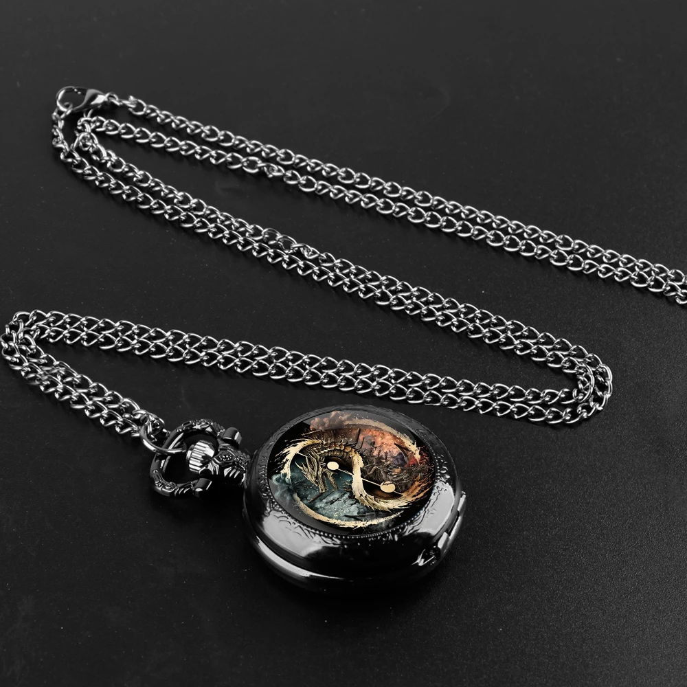 Exquisite Yin-Yang Keel Glass Dome Quartz Pocket Watch Necklace Pendant Gifts For Women Man with Fob Chain