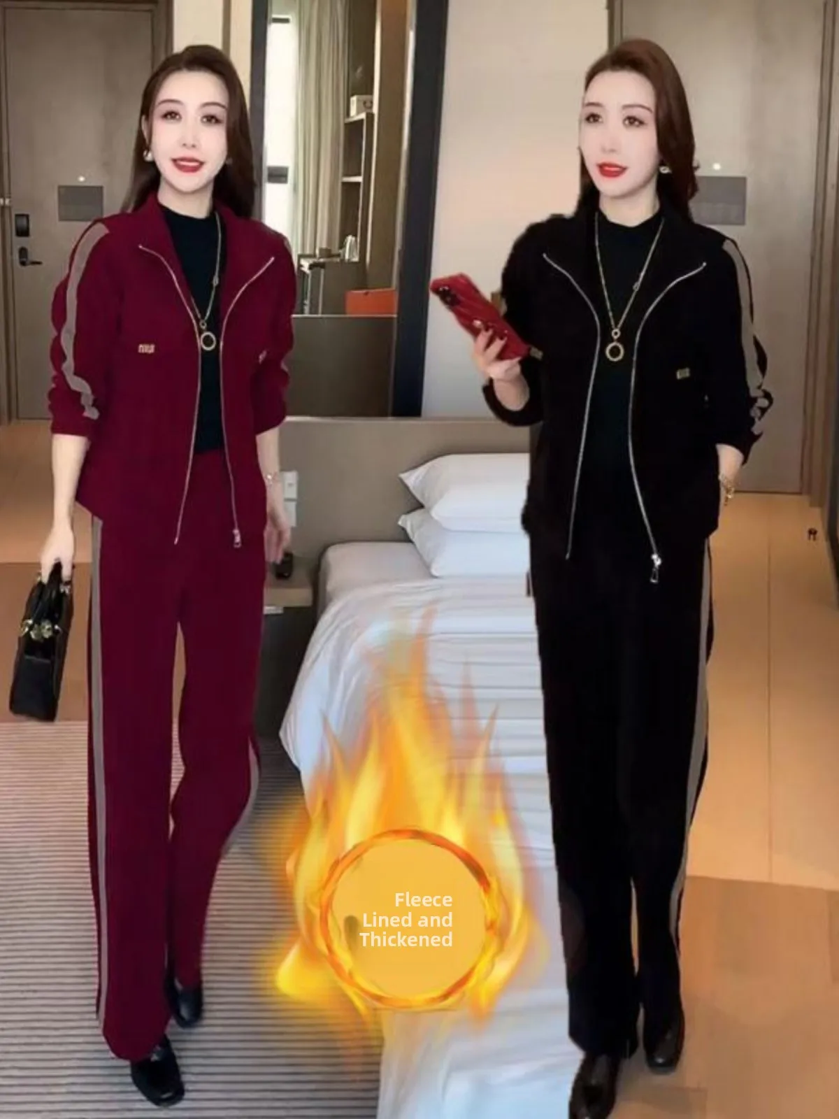 

2024 New Women's Autumn Winter Fce Lined Two Piece Set Faionable Sportswear Mommy Warm Casual Outfit Long Sve Zipper