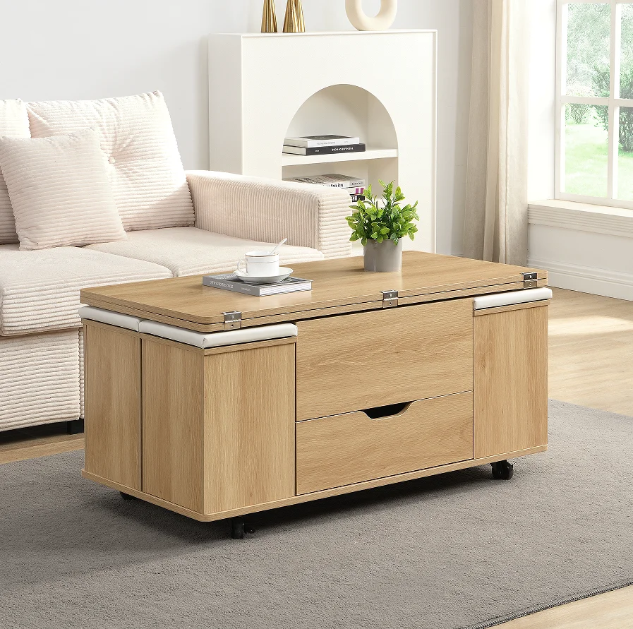 # Lift-Top Coffee Table With Hidden Storage Stools And 4 Casters Modern Living Room Furniture Eco-Friendly