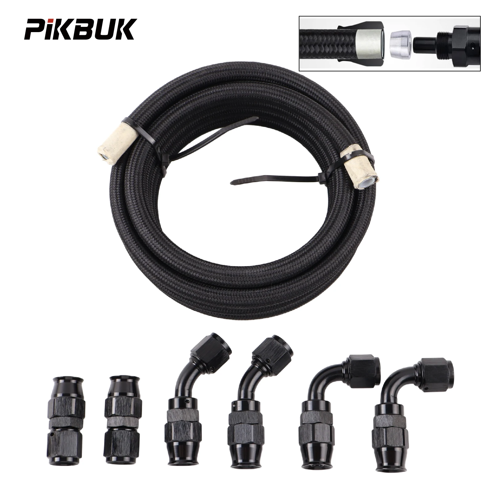 PIKBUK 10FT E85  An6 8 10 Tube Nylon Stainless Steel Braided PTFE Black Fuel Line Fitting Kit With 6 Pcs Swivel Hose Ends