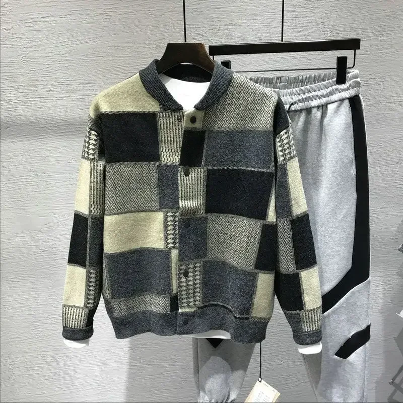 Knitted Sweaters for Men Collared Plaid Black Man Clothes Cardigan Large Big Size Heated Japanese Harajuku Fashion Overfit Baggy