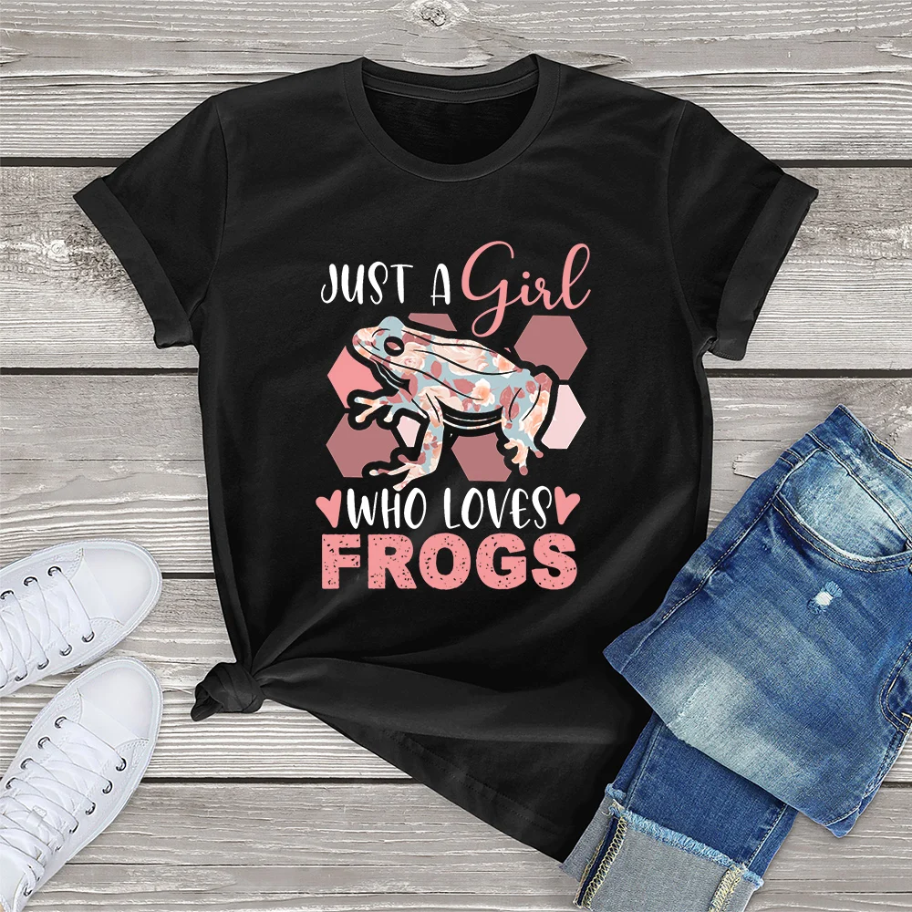 

FLC 100% Cotton Just A Airl Who Loves Frogs-Pink Frogs Graphic Jersey Clothing Gift Women T-Shirt Printed Top Unisex Girl Tee