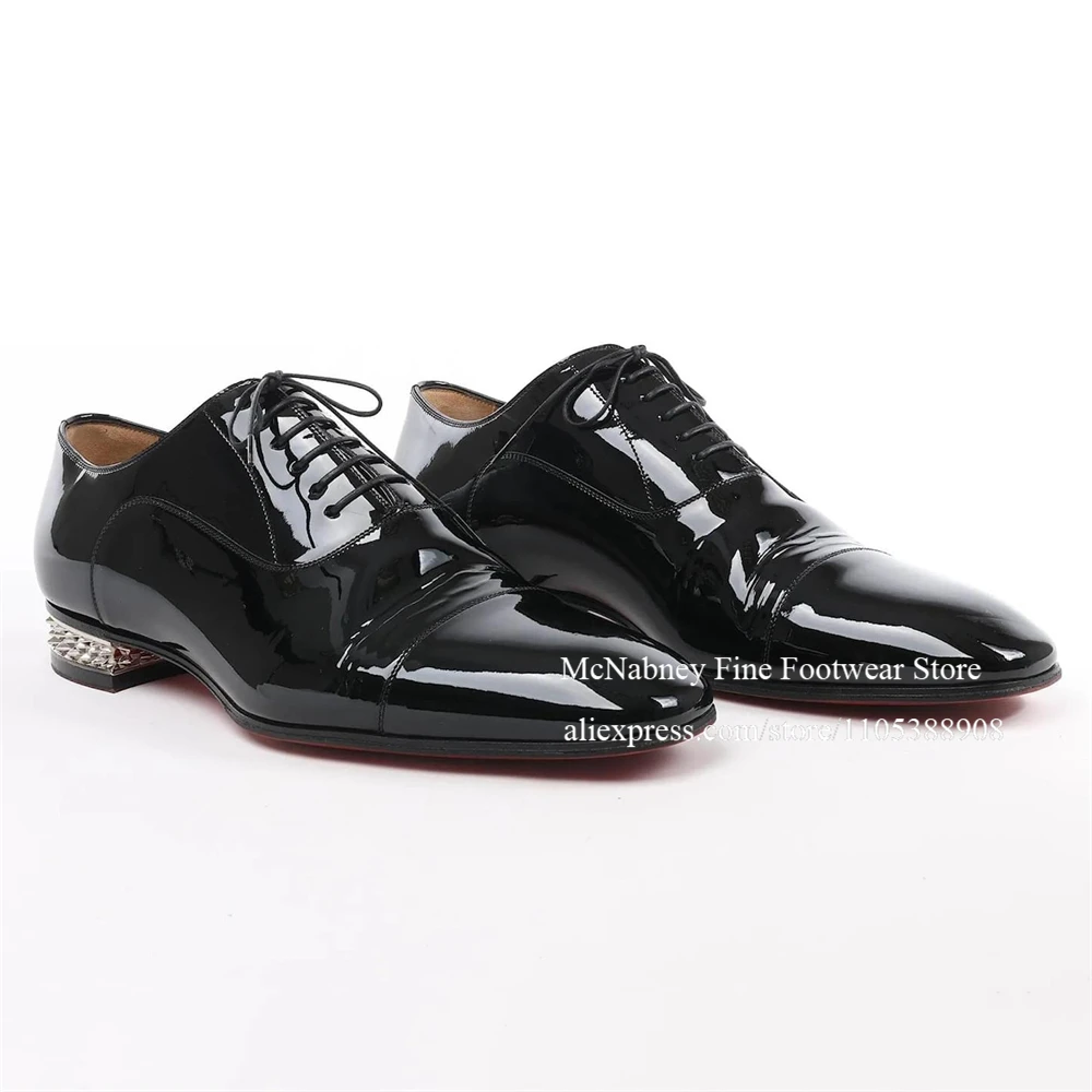 

Patent Leather Oxford Shoes Black Lace up Cap Toe Metallic Spiked Heel Elegant Office Men Dress Wedding Shoes for Dailywear