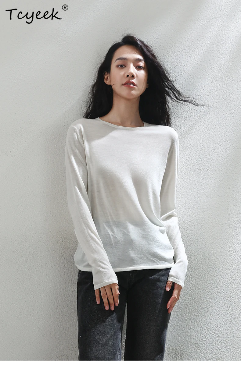 

Tcyeek, 100%Merino Wool, Light Pullovers For Women, O-Neck, Basics Casual Slim Thin Sweaters, 2024 Autumn Winter Tops T49515QM