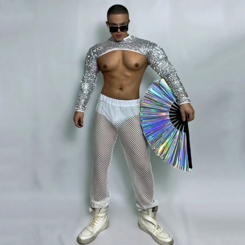 머슬맨 폴 댄스 의류, 고고 댄스 코스튬, 레이브 의상, 실버 스팽글 탑 메쉬 팬츠 바, DJ Ds 무대 클럽웨어, XS5052