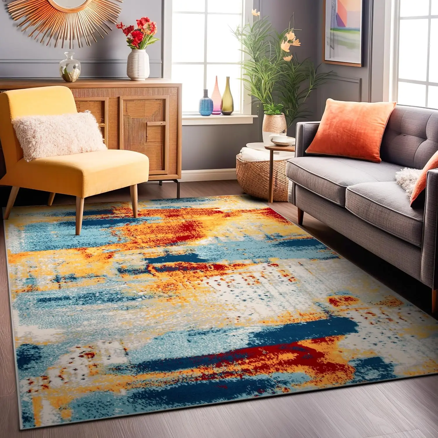Abstract Non-Shedding Area Rug with Durable Jute Backing, Soft Polypropylene, Low-Pile 0.31 in for Living Room Bedroom Dorm Office